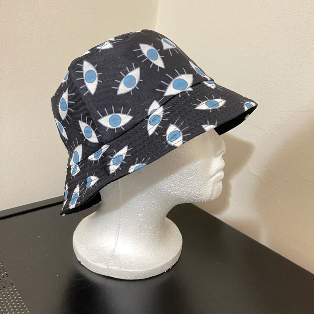 Bucket hat waterproof reversible evil eye black / unisex / lucky / handmade /